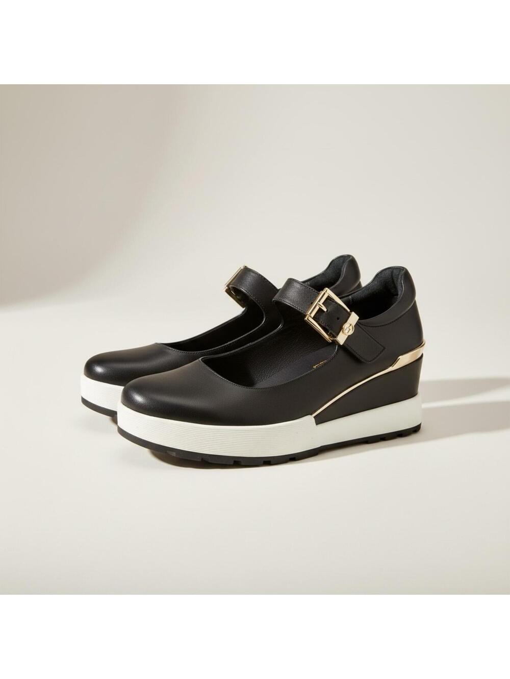 Wishbone Black Leather Platform Mary Jane Wedge Shoes 7.5 Gold Buckle